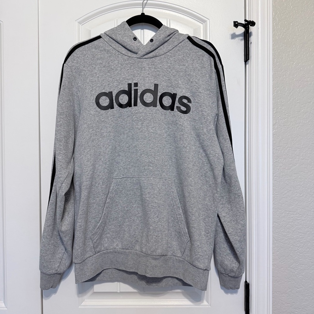 adidas Gray Logo Hoodie | Fleece Lined Pullover Sweatshirt | Gray | Men's Medium - Picture 2 of 10